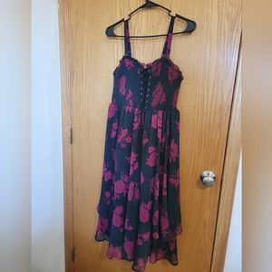 Black Floral Smocked Chiffon Midi Dress size 0